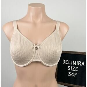 Delimira W581 Minimizer Bra 34F Beige Nude Jacquard Dot Full Coverage Underwire